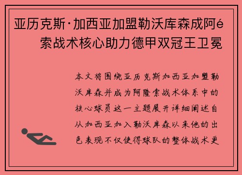 亚历克斯·加西亚加盟勒沃库森成阿隆索战术核心助力德甲双冠王卫冕 亚历克斯·加西亚加盟勒沃库森成阿隆索战术核心助力德甲双冠王卫冕